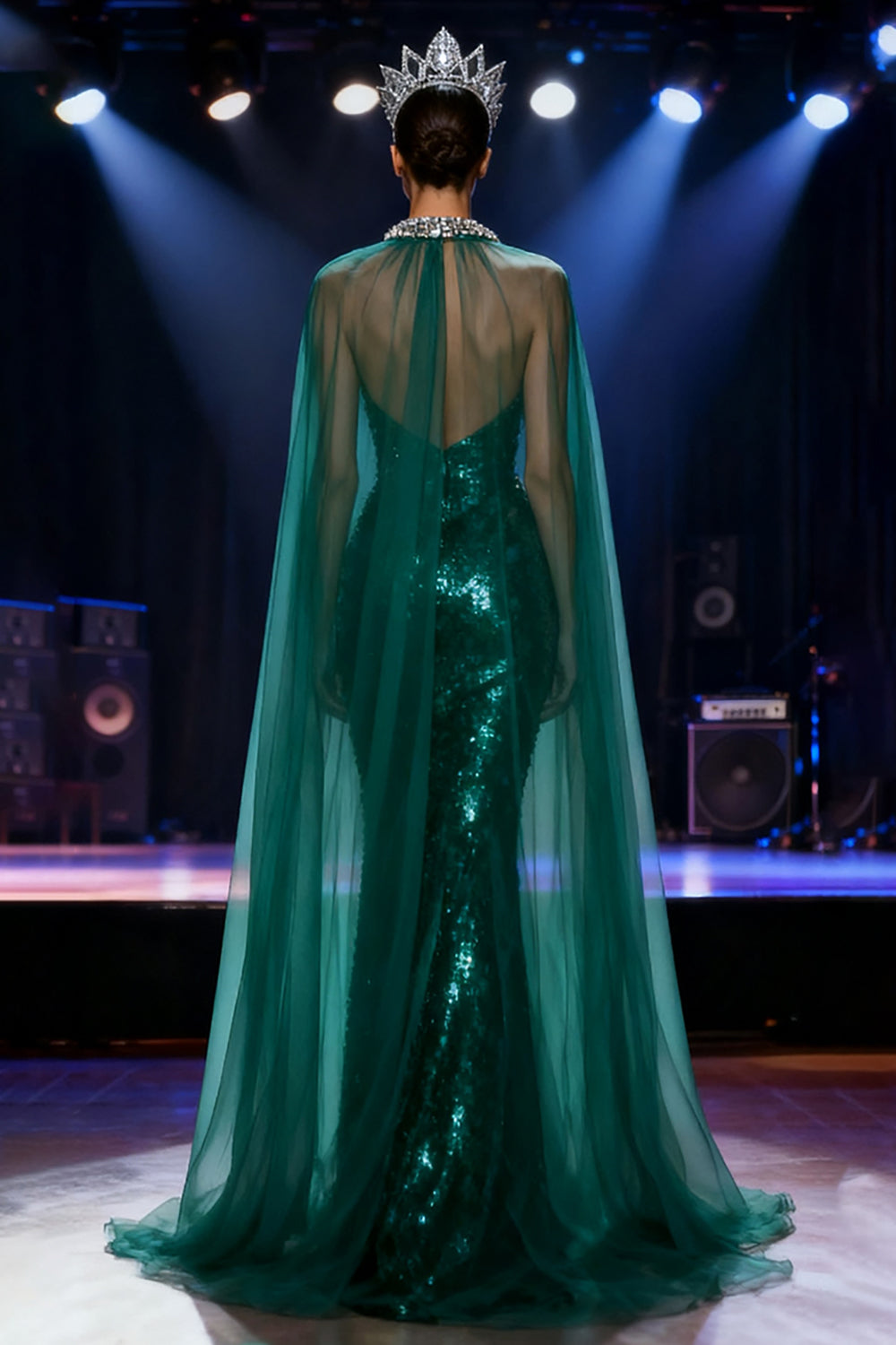 Dark Green Mermaid Halter Long Sequin Pageant Dress with Cape