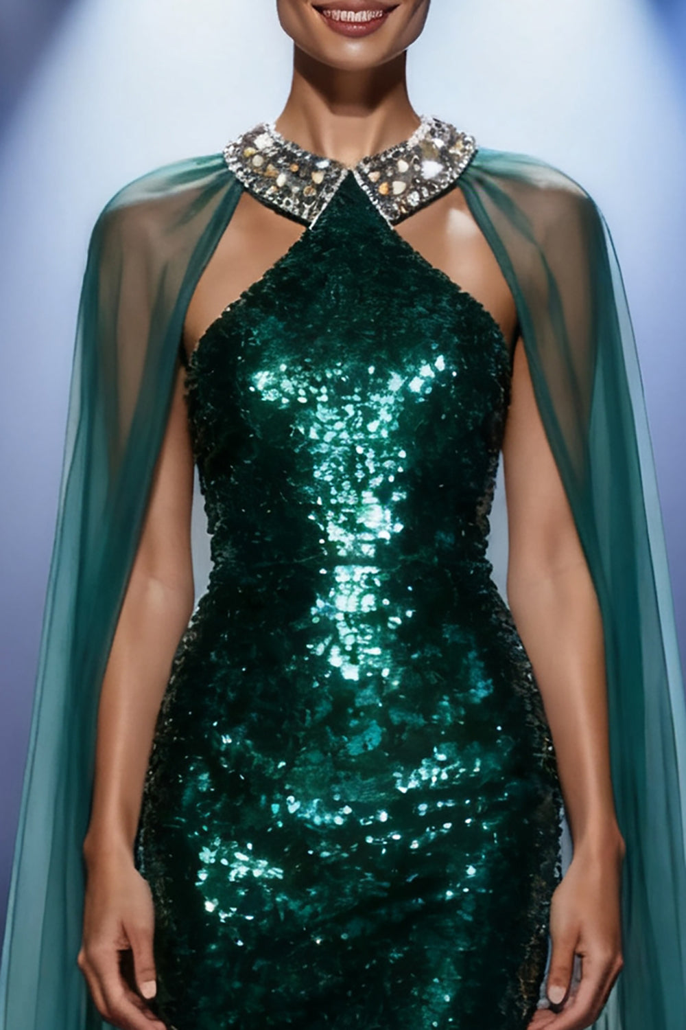 Dark Green Mermaid Halter Long Sequin Pageant Dress with Cape