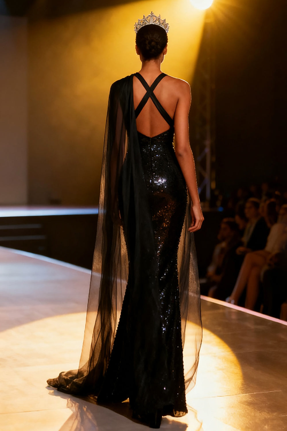 Sparkly Black Mermaid Sequins Neck Scarf V-Neck Maxi Pageant Dress