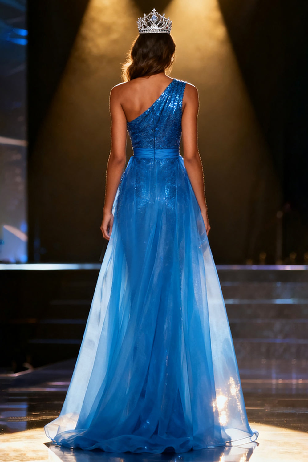 Sparkly Royal Blue One Shoulder Sequins Long Mermaid Pageant Dress with Sash