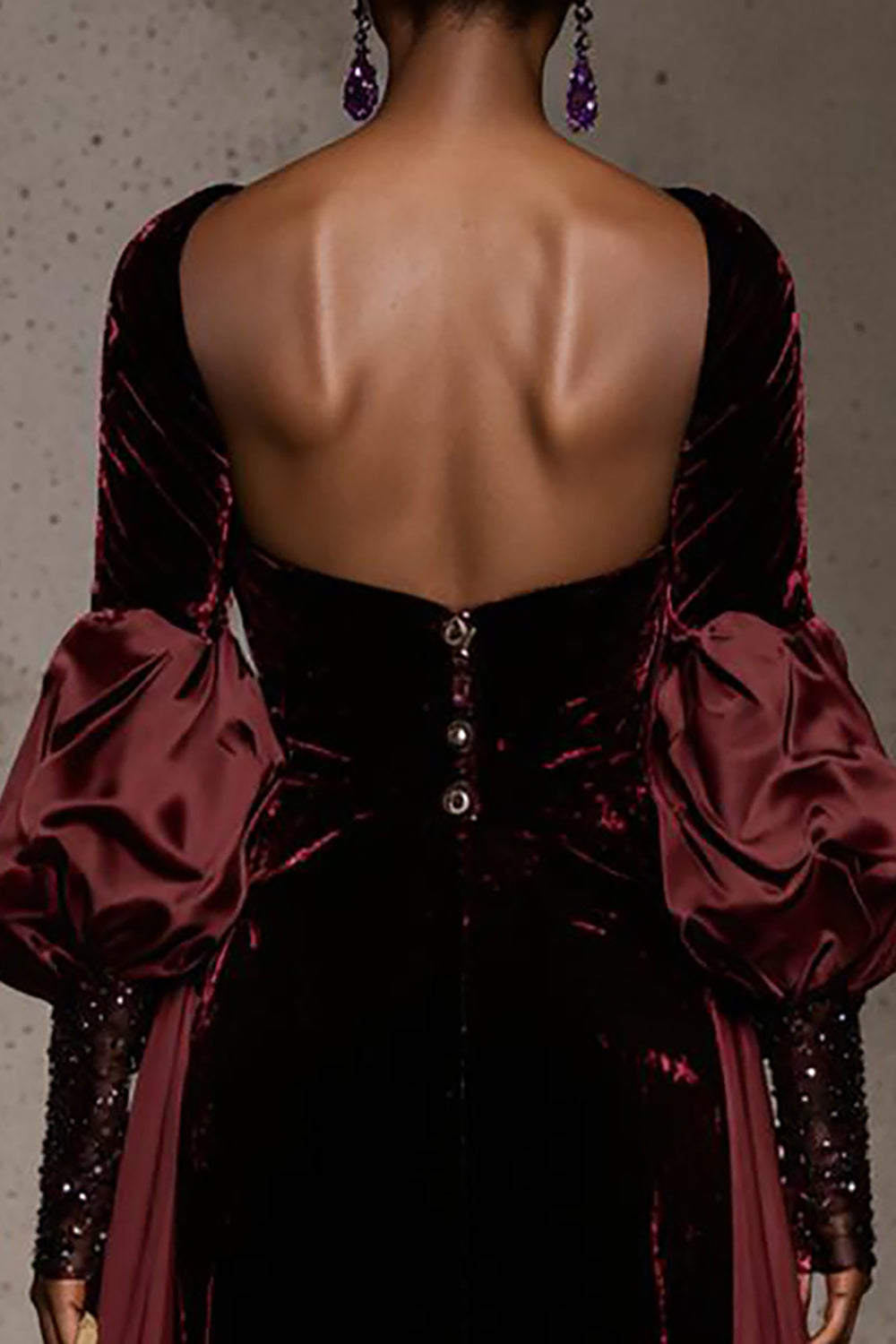 Burgundy Velvet Backless Long Sleeves Formal Dress with Cape
