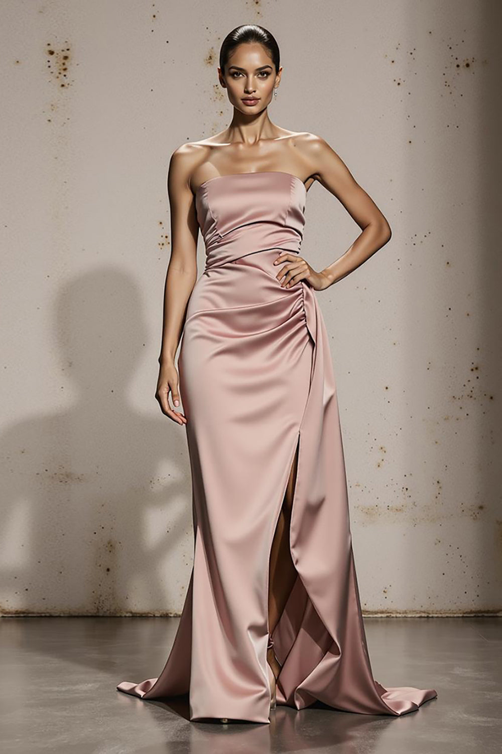 Simple Light Pink Strapless Long Satin Formal Dress with Slit