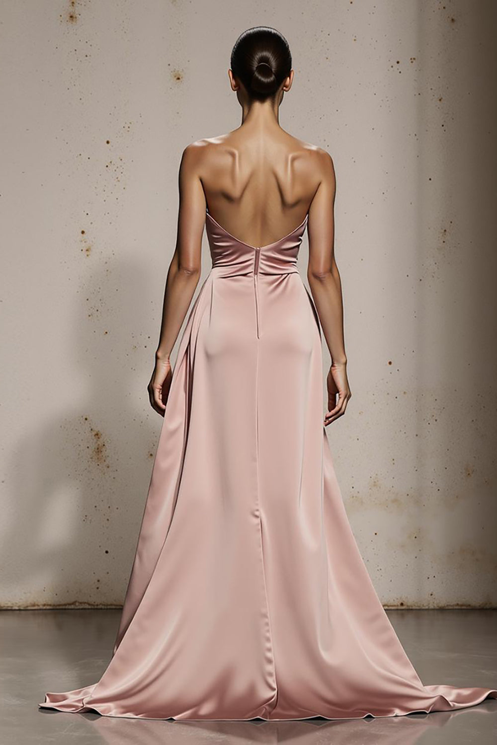 Simple Light Pink Strapless Long Satin Formal Dress with Slit