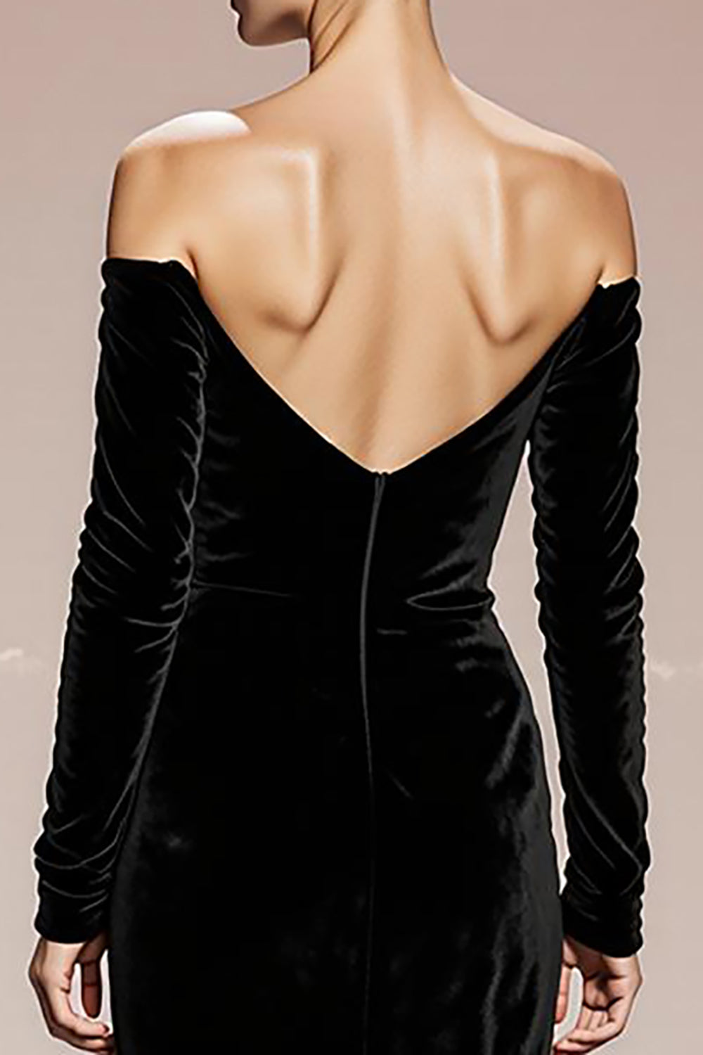 Black Velvet Mermaid Off the Shoulder Long Black Tie Dress with Sleeves