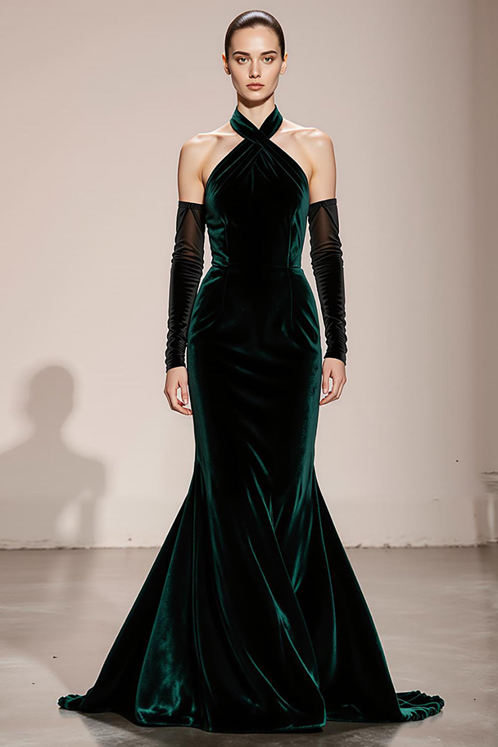 Dark Green Mermaid Halter Long Velvet Formal Dress