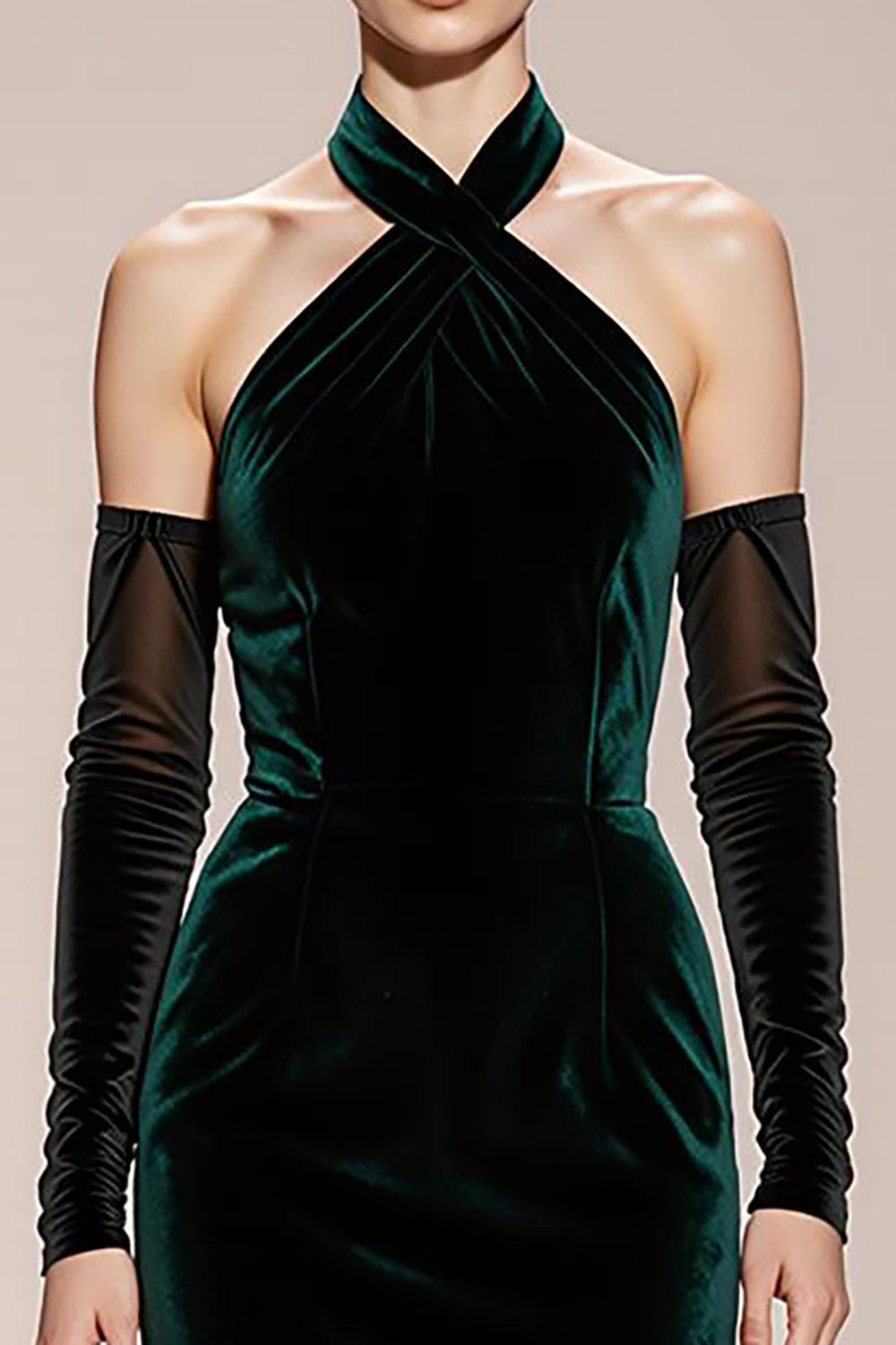 Dark Green Mermaid Halter Long Velvet Formal Dress