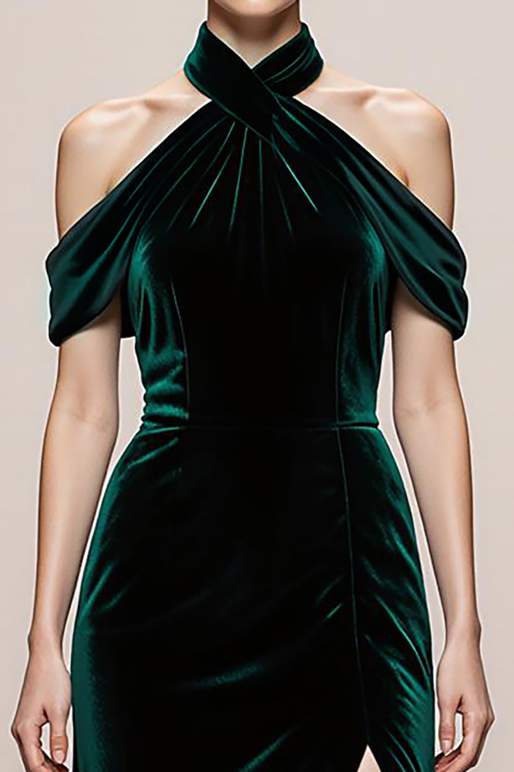 Elegant Dark Green Velvet Long Halter Formal Dress with Slit
