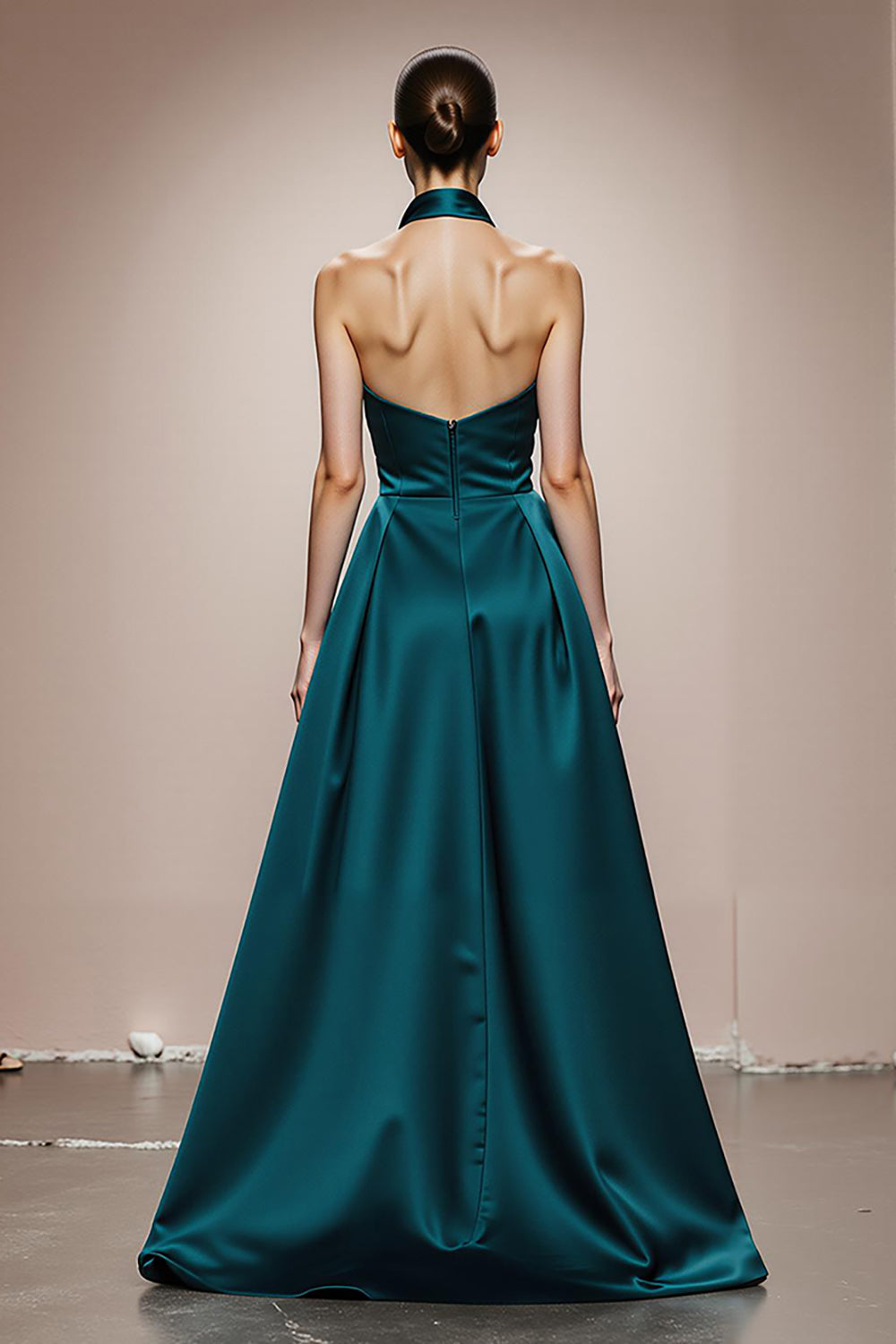 Dark Green A-Line Halter Backless Long Satin Formal Dress