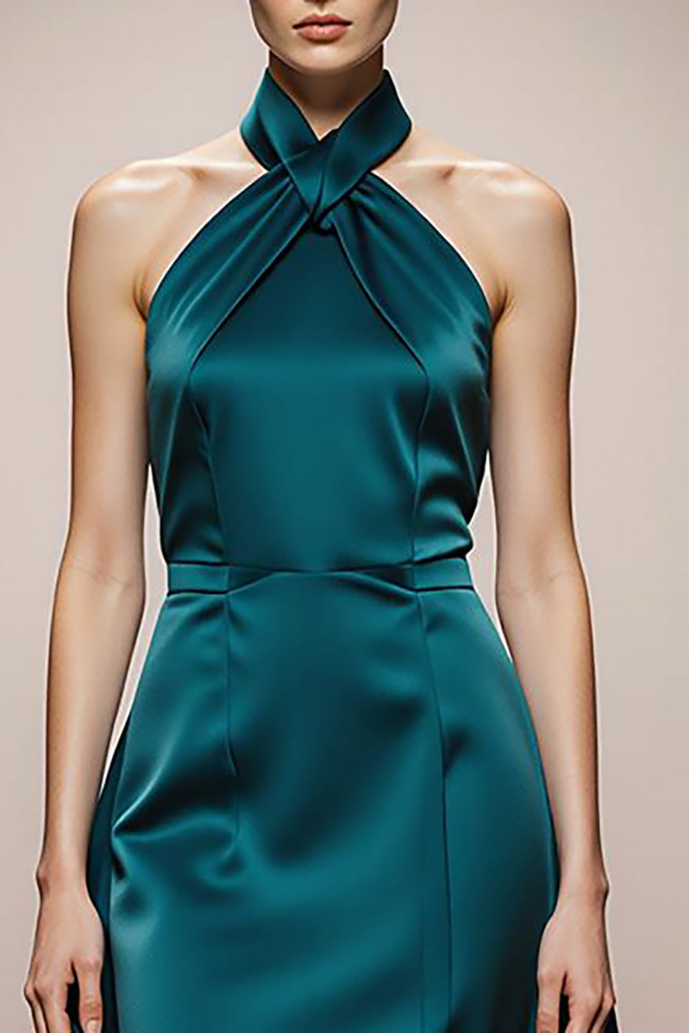 Dark Green A-Line Halter Backless Long Satin Formal Dress
