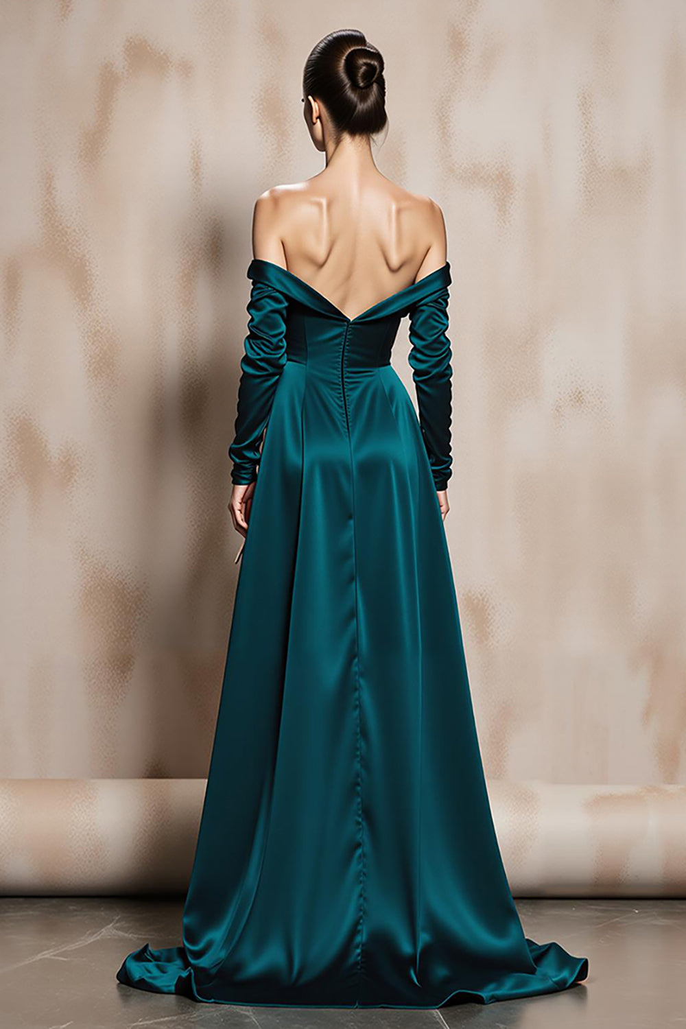 Dark Green Satin Off the Shoulder Long Sleeve Formal Dress with Slit