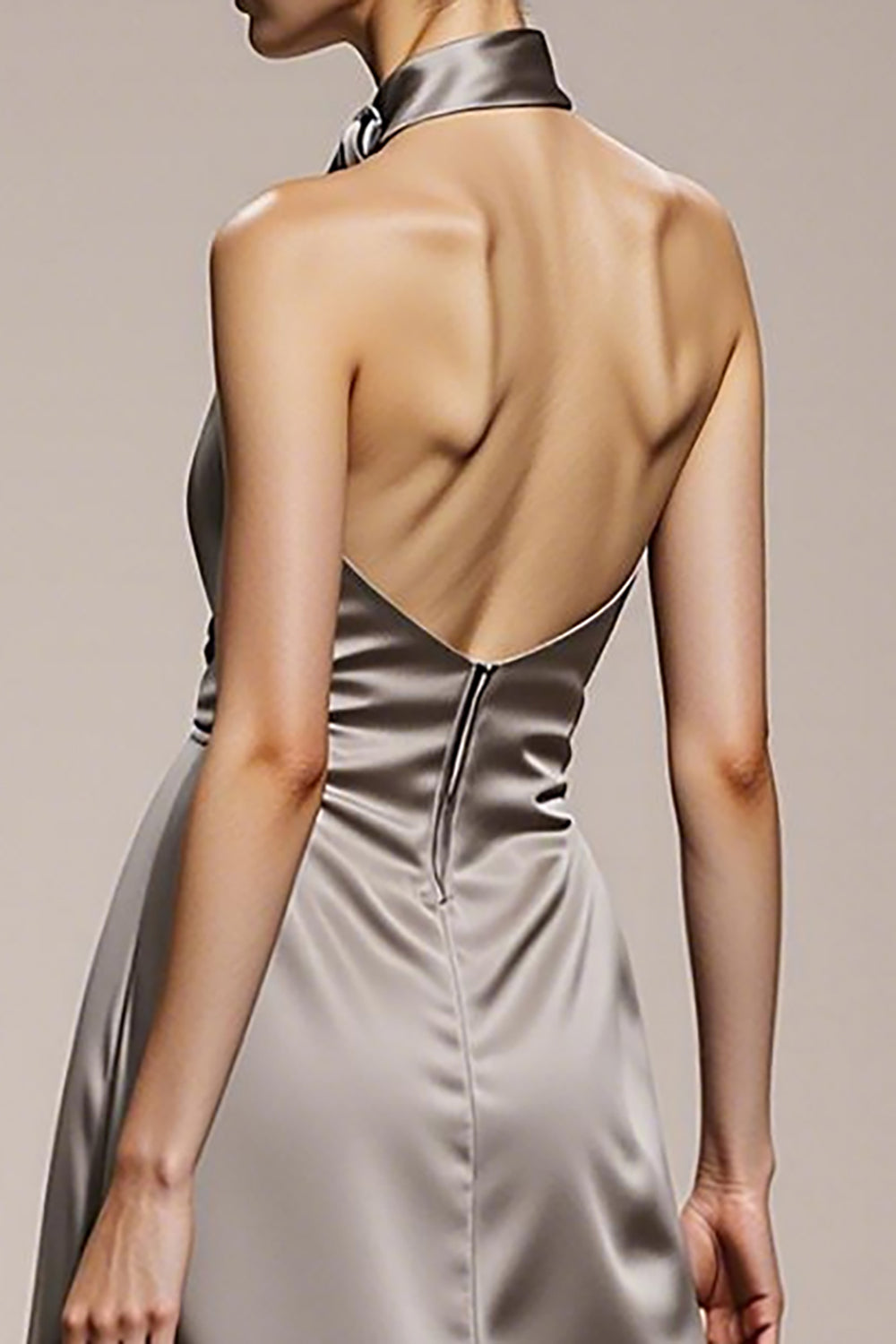 Simple Silver Halter Satin Long Backless Formal Dress with Slit