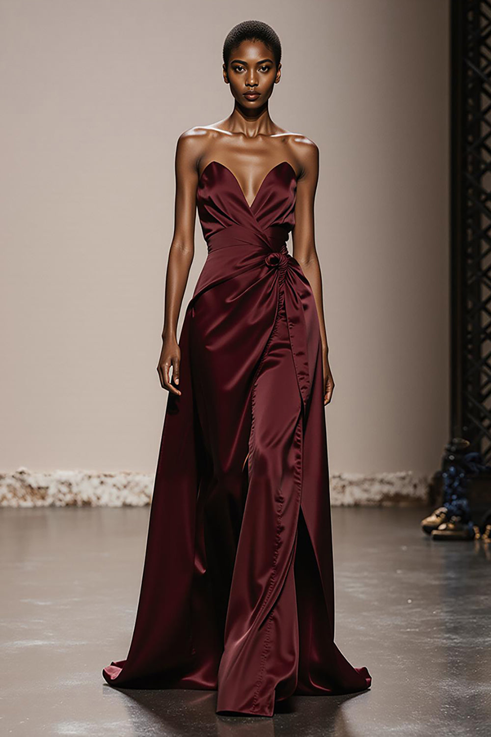 Simple Burgundy Satin Strapless Long Backless Formal Dress