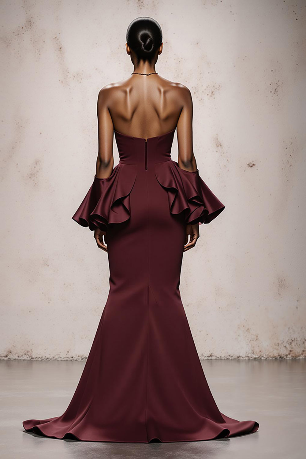 Elegant Burgundy Satin Strapless Long Mermaid Formal Dress with Ruffles