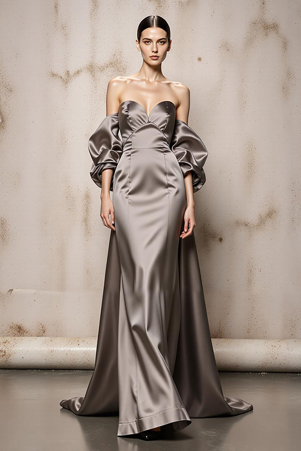 Sliver Off the Shoulder A-Line Long Satin Formal Dress with Sleeves