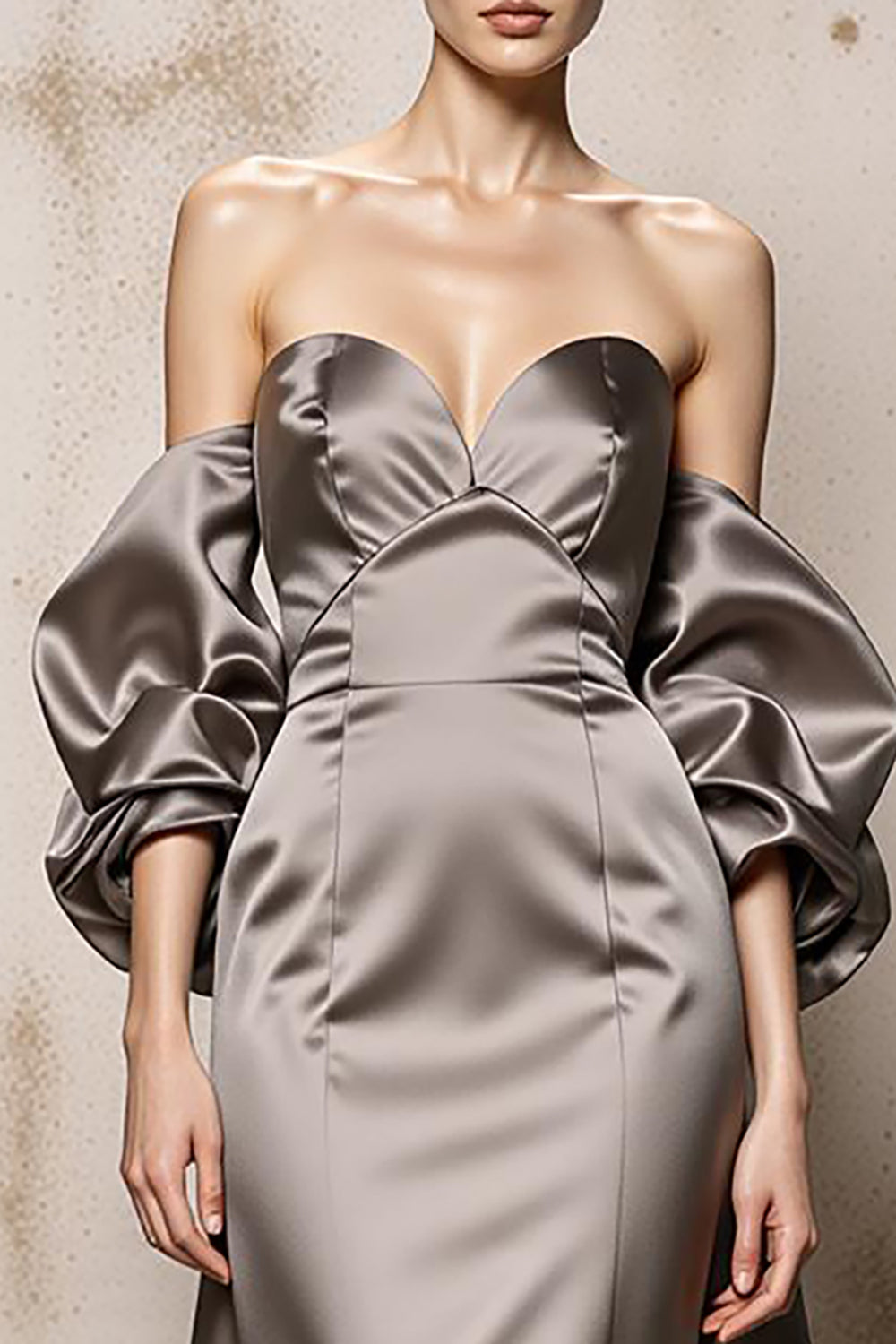 Sliver Off the Shoulder A-Line Long Satin Formal Dress with Sleeves