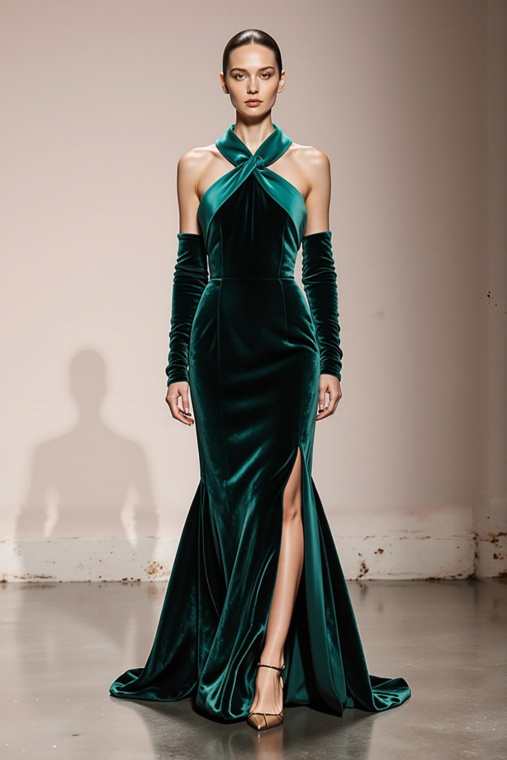 Dark Green Velvet Halter Long Mermaid Formal Dress with Slit