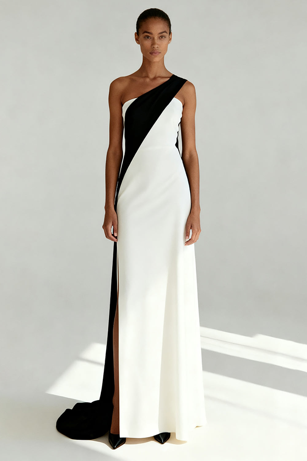 Black and White One Shoulder Long Sheath Formal Dress with Slit