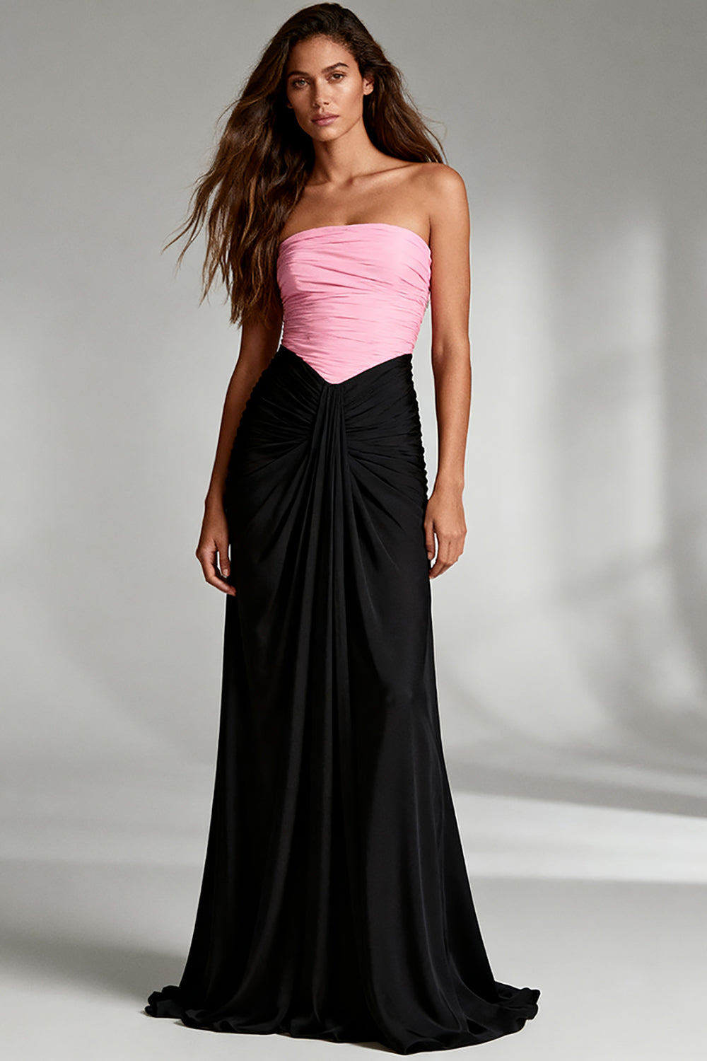 Black and Pink Strapless Sheath Ruched Long Satin Formal Dress