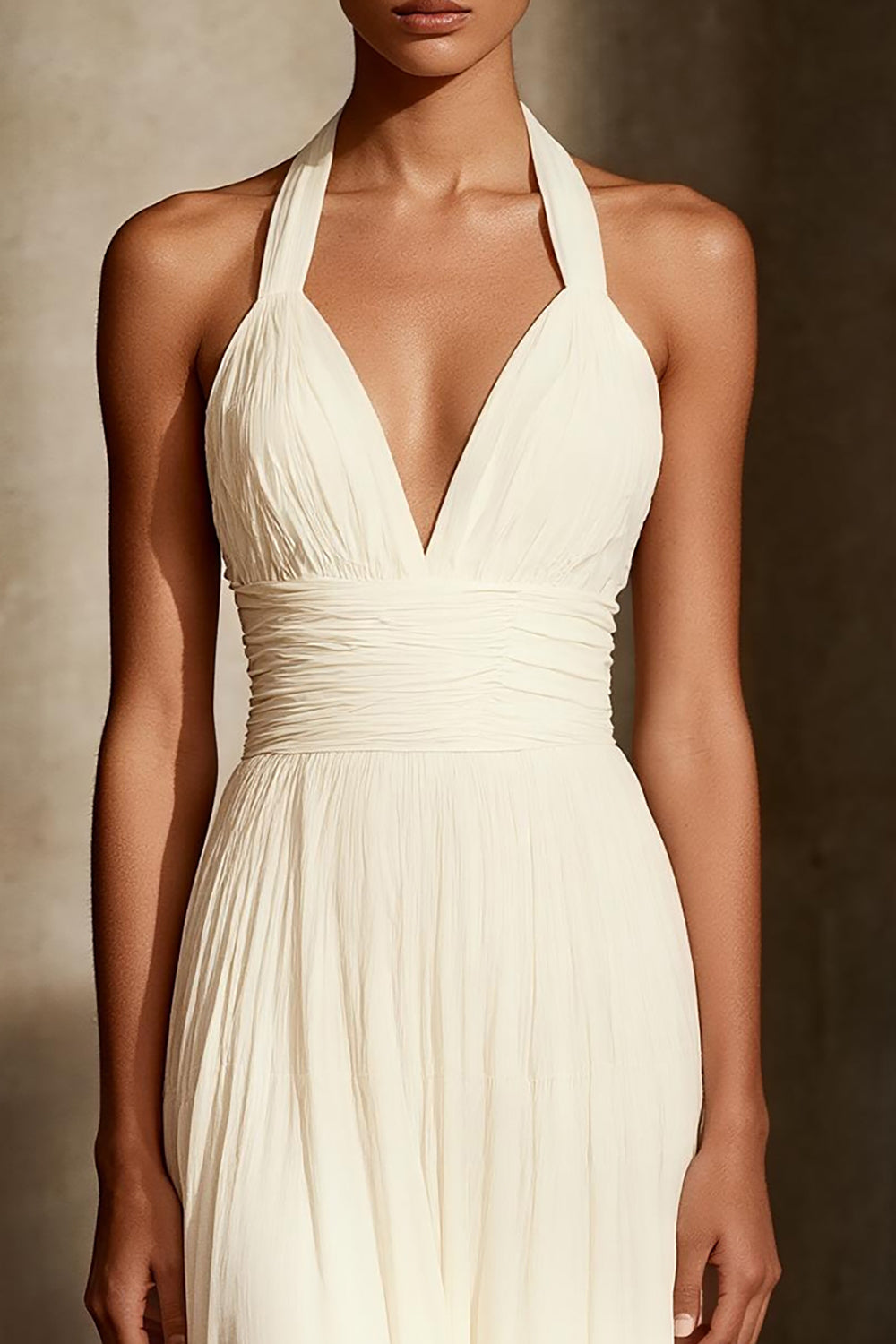 Ivory Chiffon Sheath Ruched Long Halter Formal Dress
