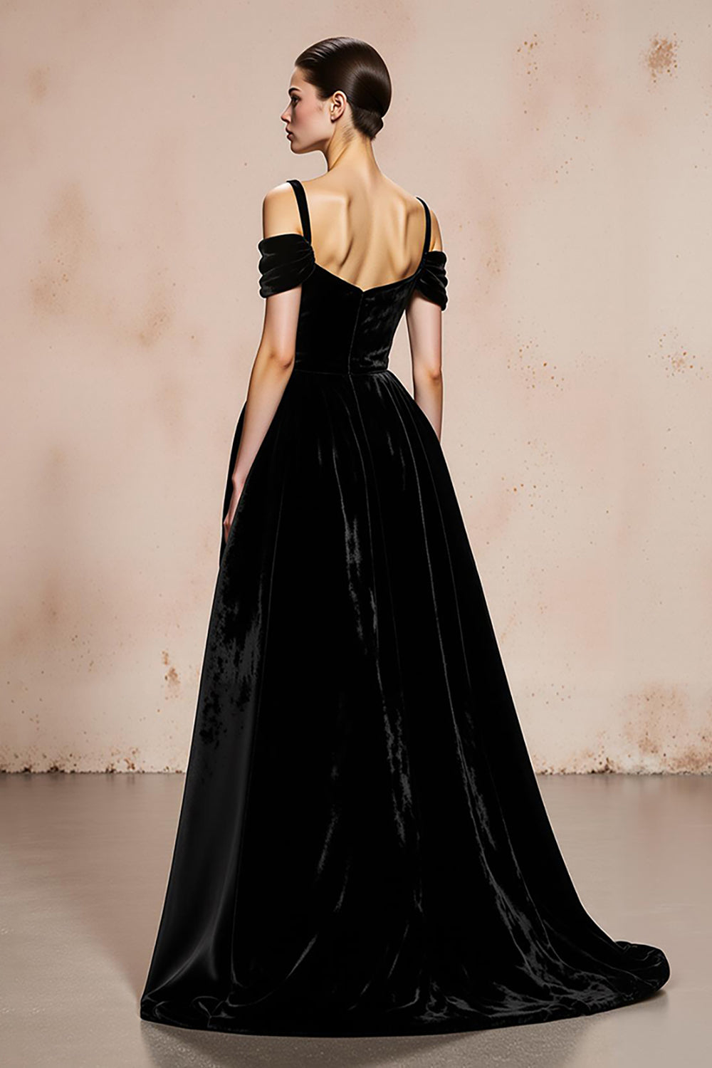 Black Velvet Ball Gown Cold Shoulder Long Holiday Party Dress