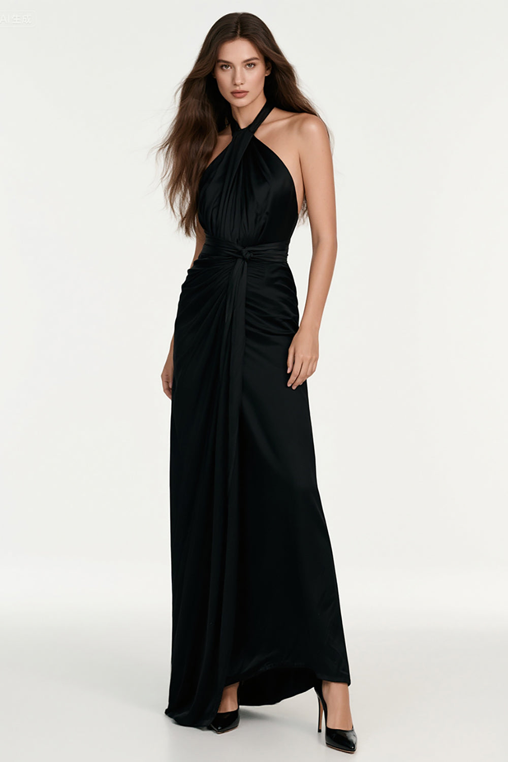 Black Sheath Halter Backless Long Black Tie Dress with Sash