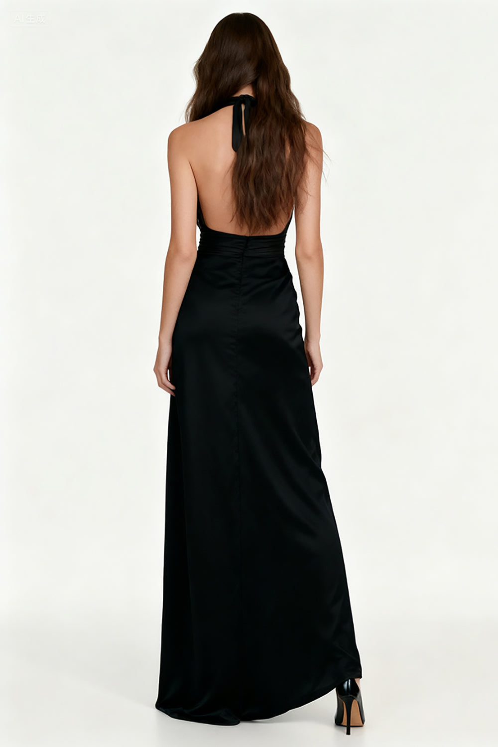 Black Sheath Halter Backless Long Black Tie Dress with Sash