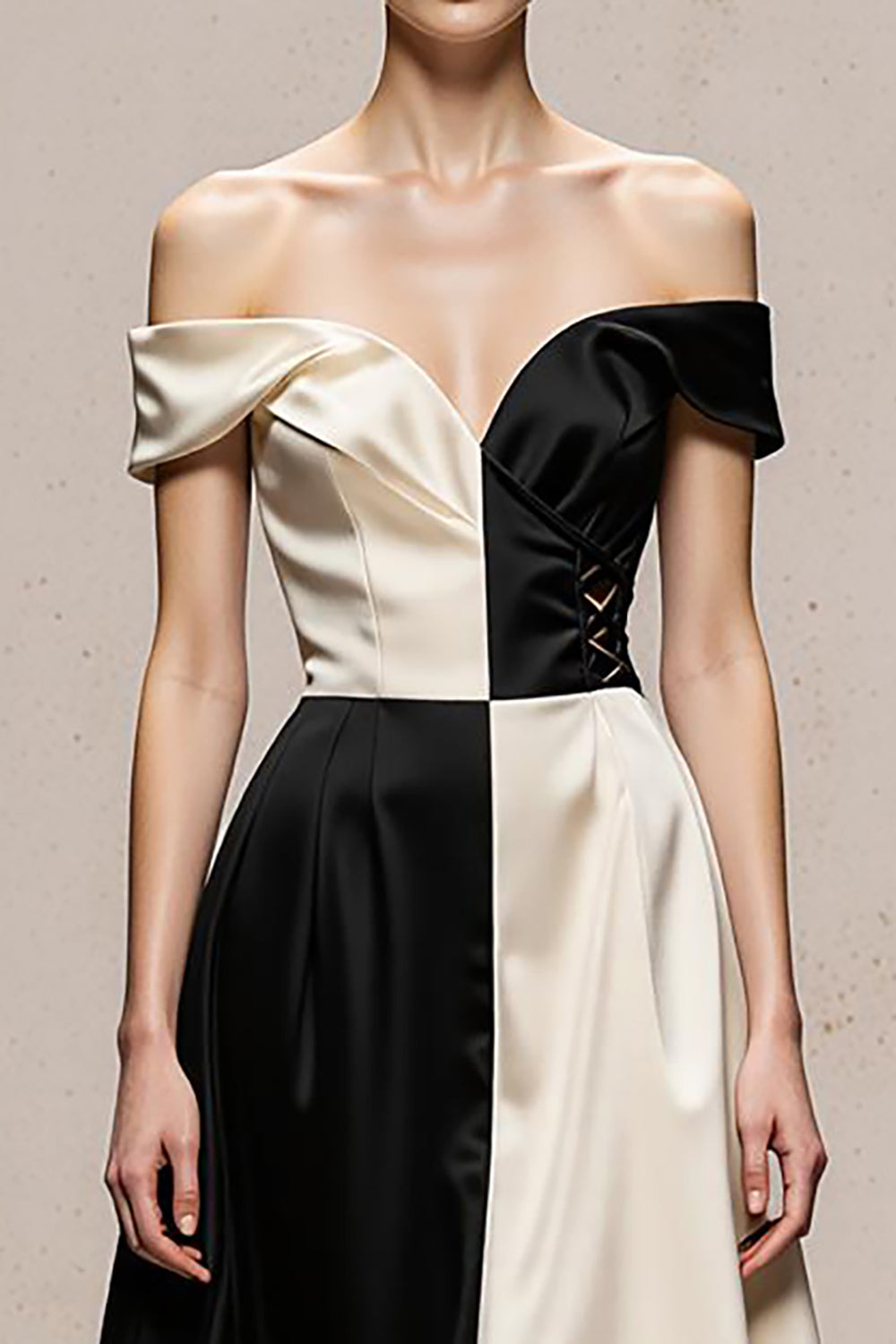 Black and White Patchwork A-Line Long Satin Formal Dress