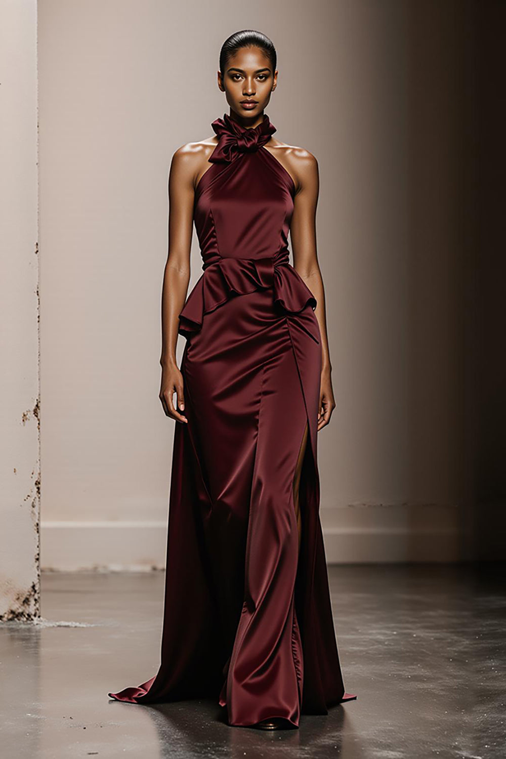 Elegant Burgundy Halter Neck Long Satin Formal Dress with Ruffles