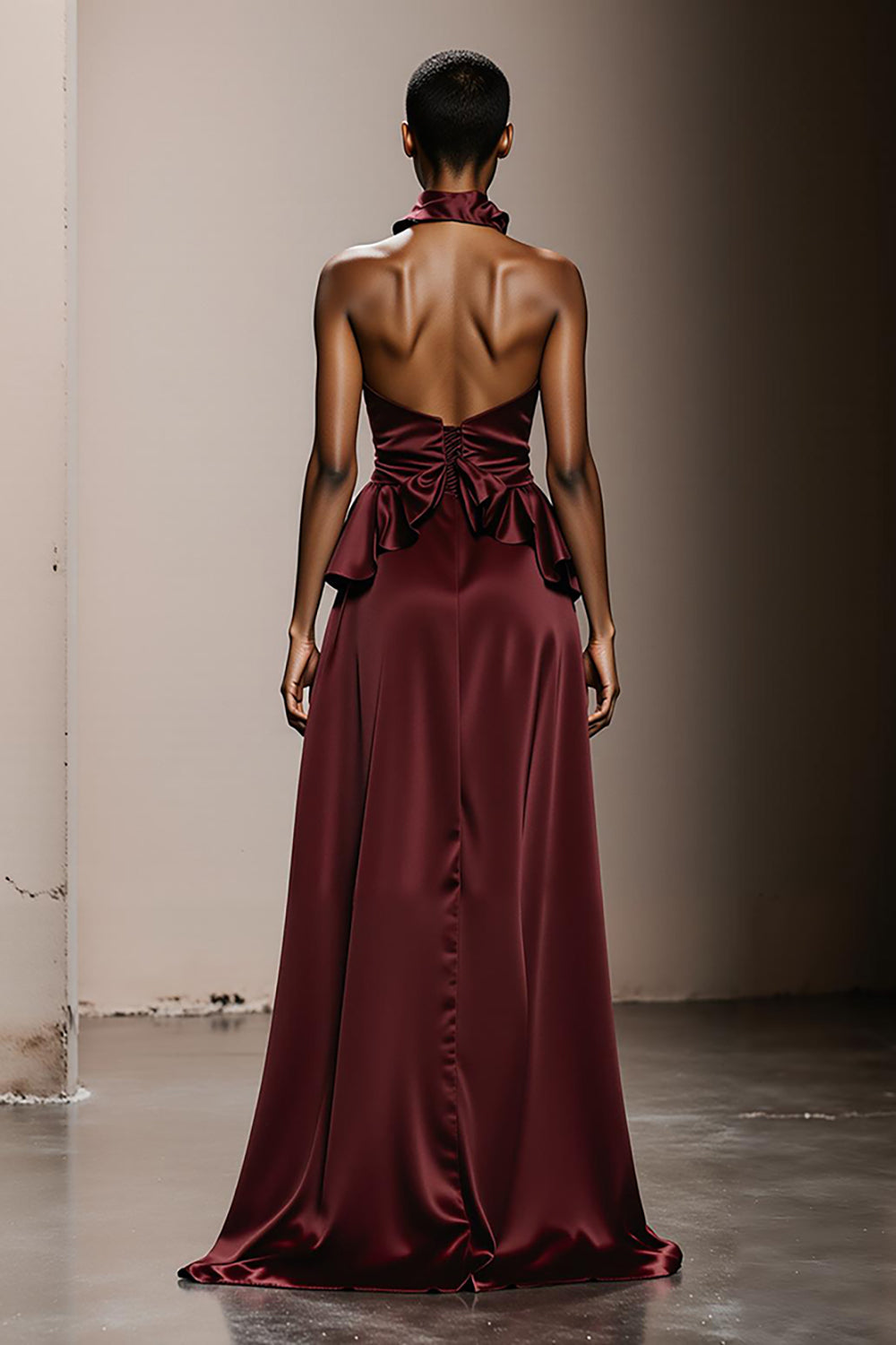 Elegant Burgundy Halter Neck Long Satin Formal Dress with Ruffles