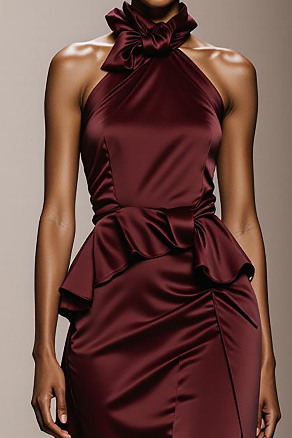 Elegant Burgundy Halter Neck Long Satin Formal Dress with Ruffles