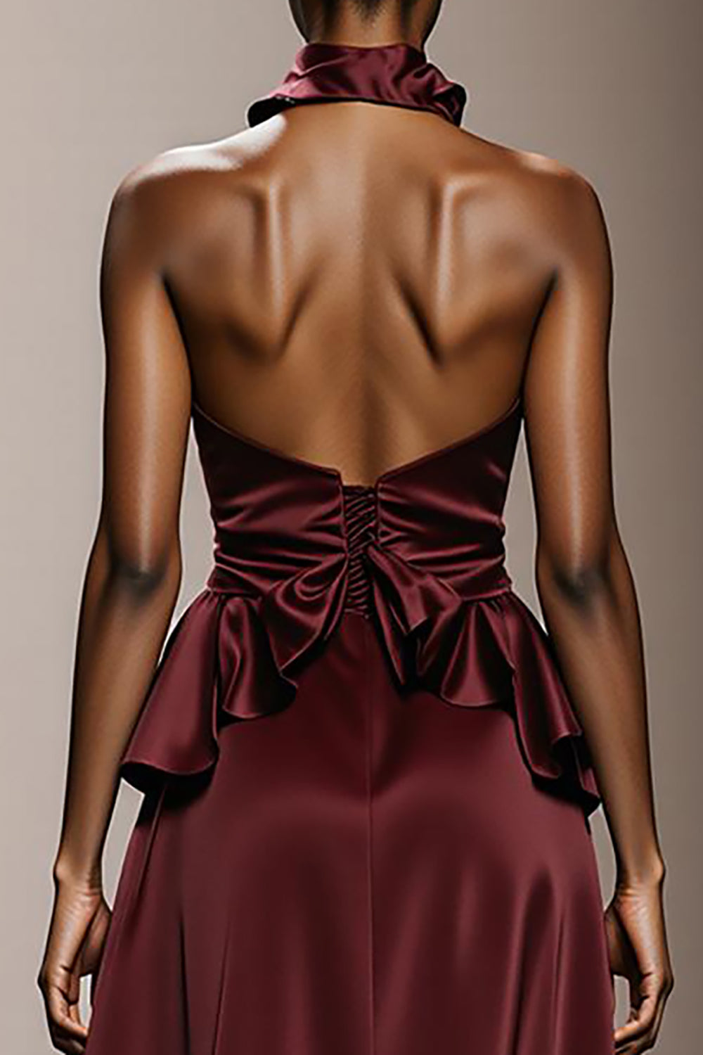 Elegant Burgundy Halter Neck Long Satin Formal Dress with Ruffles