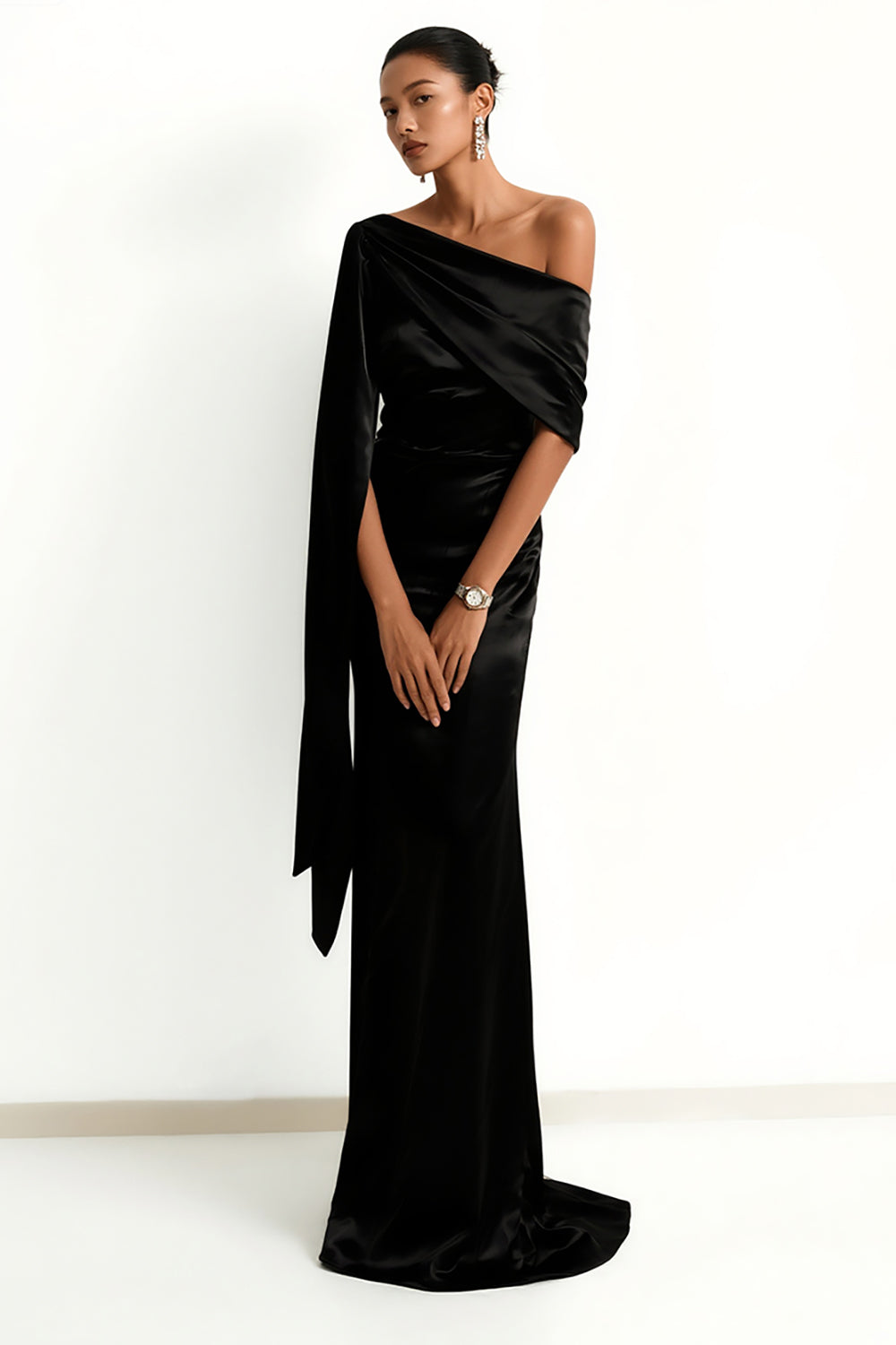 Black Mermaid One Shoulder Long Satin Formal Dress with Side Cape