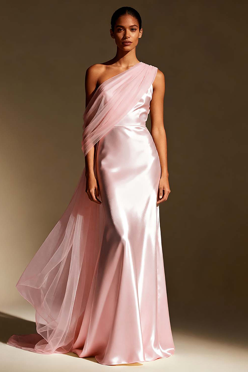 White Satin One Shoulder Long Mermaid Formal Dress with Side Cape