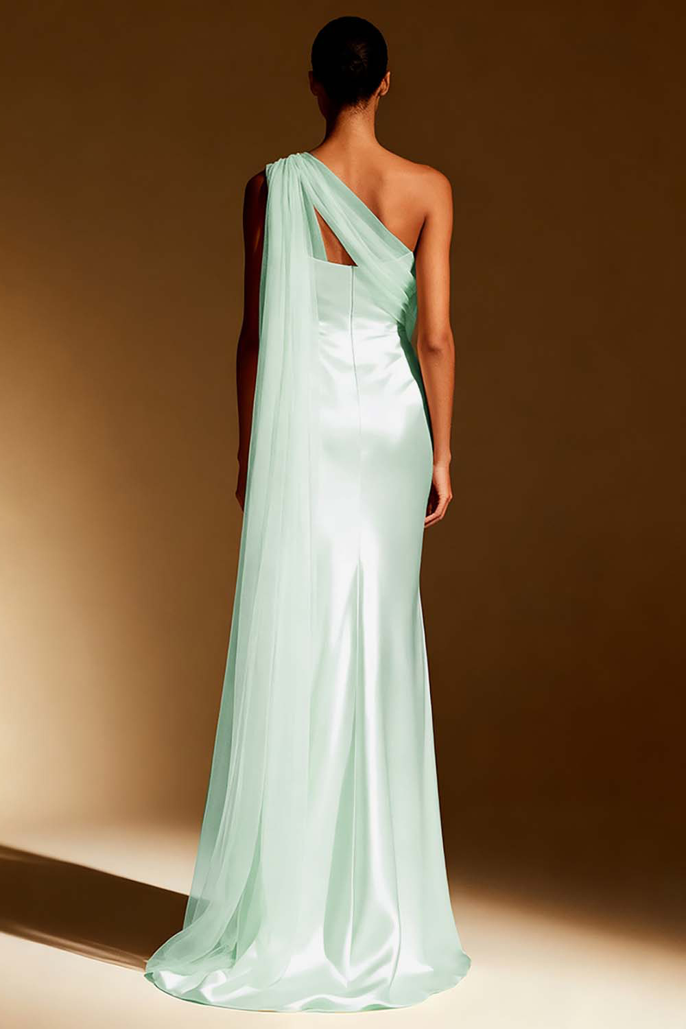 White Satin One Shoulder Long Mermaid Formal Dress with Side Cape