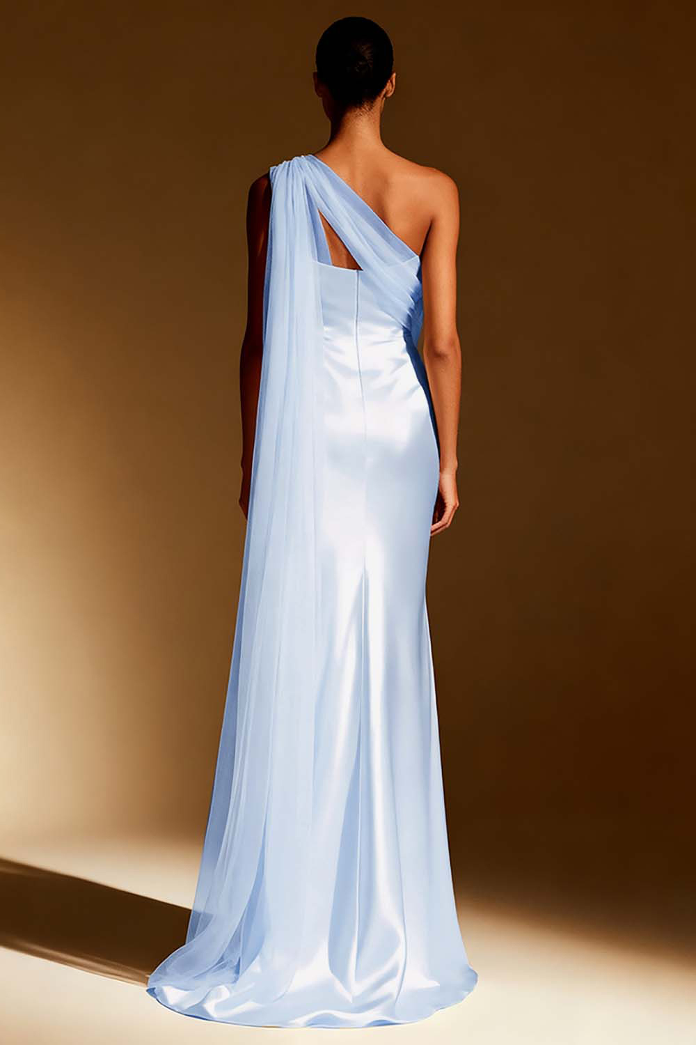 White Satin One Shoulder Long Mermaid Formal Dress with Side Cape