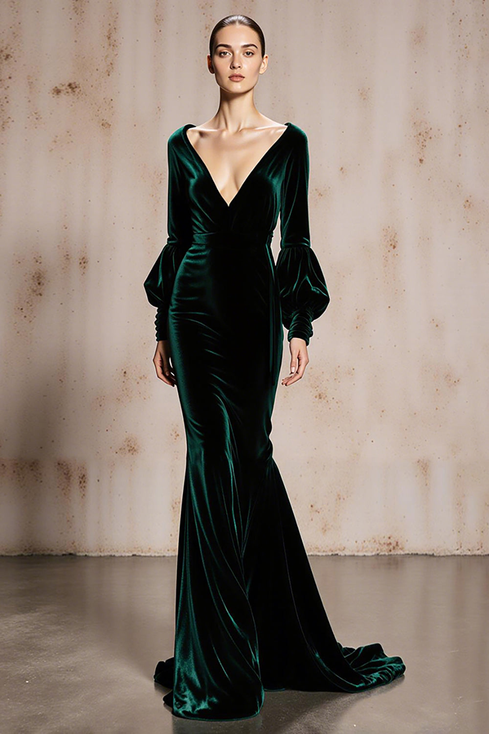 Dark Green Velvet Mermaid V-Neck Long Holiday Party Dress with Sleeves