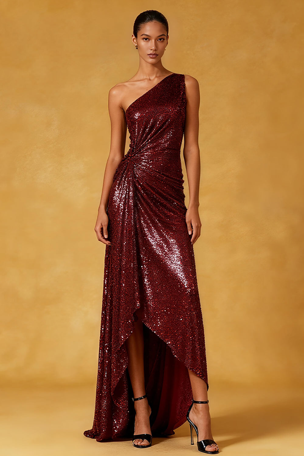 Sparkly Burgundy Sheath Sequin Ruched High-Low Formal Dress