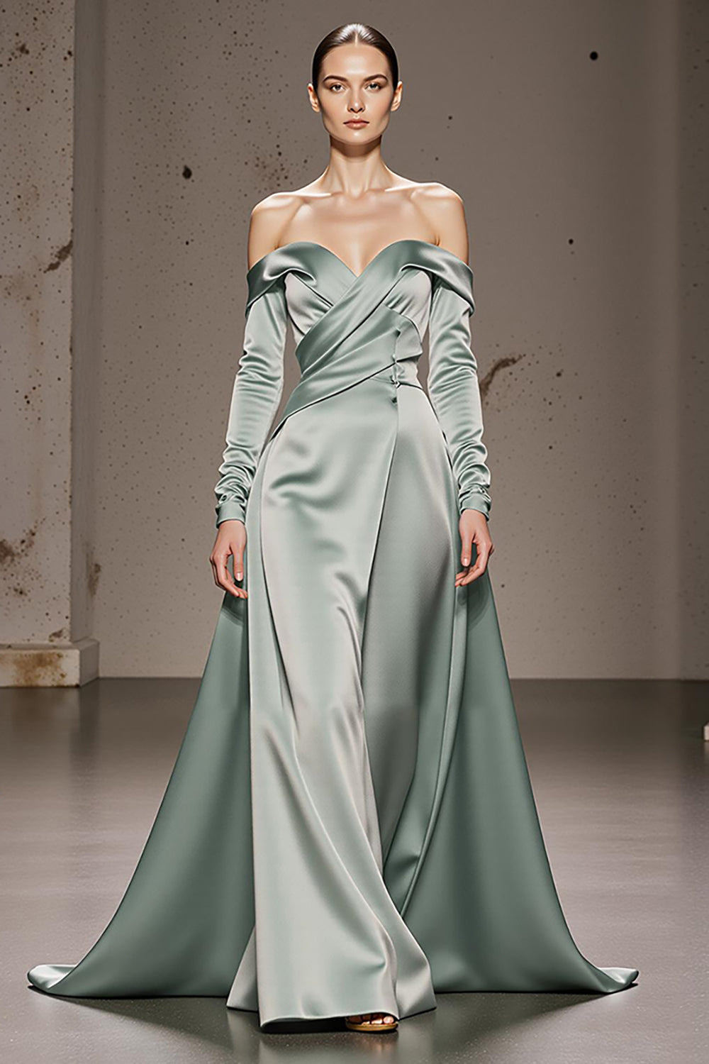 Mint Green Off the Shoulder Long Satin Formal Dress with Sleeves