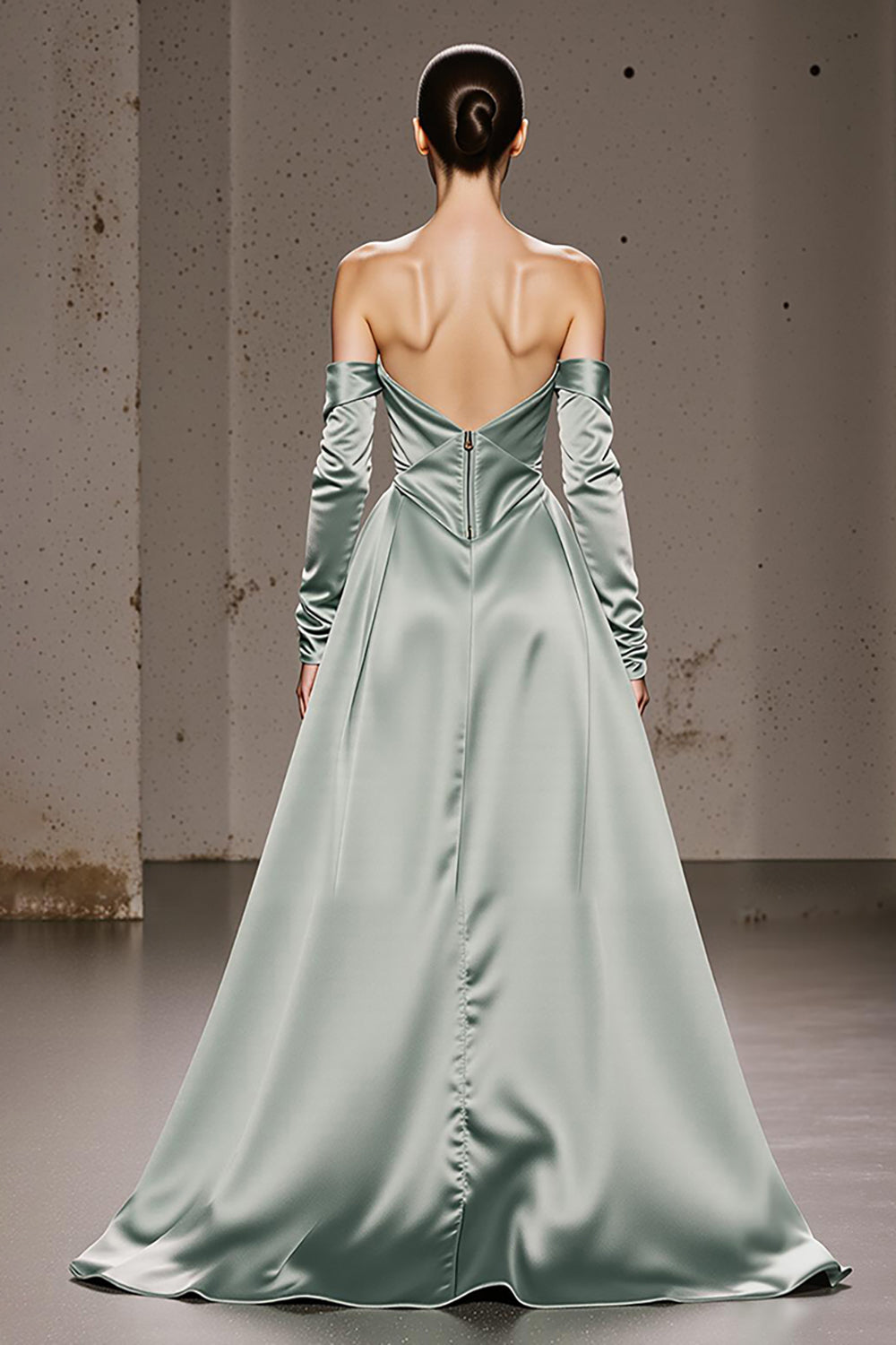 Mint Green Off the Shoulder Long Satin Formal Dress with Sleeves