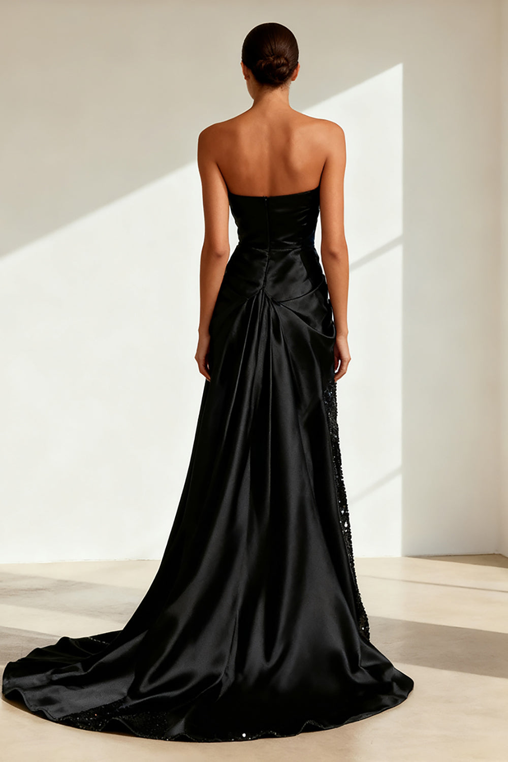 Sparkly Black Strapless Long Satin Formal Dress with Slit