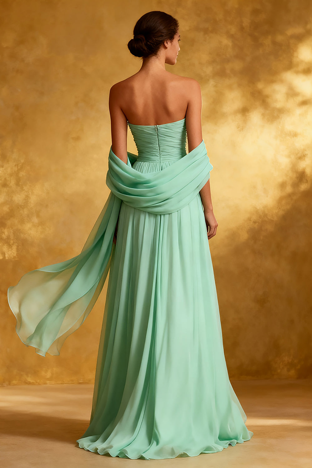 Sparkly Mint Green Strapless Chiffon Long Formal Dress with Shawl
