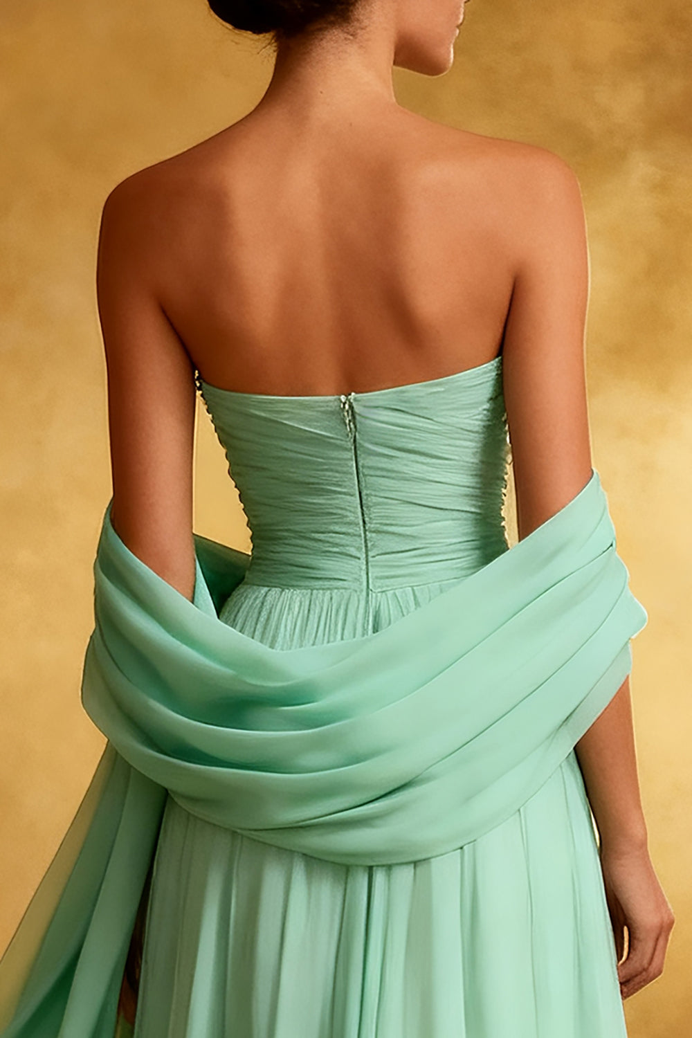 Sparkly Mint Green Strapless Chiffon Long Formal Dress with Shawl