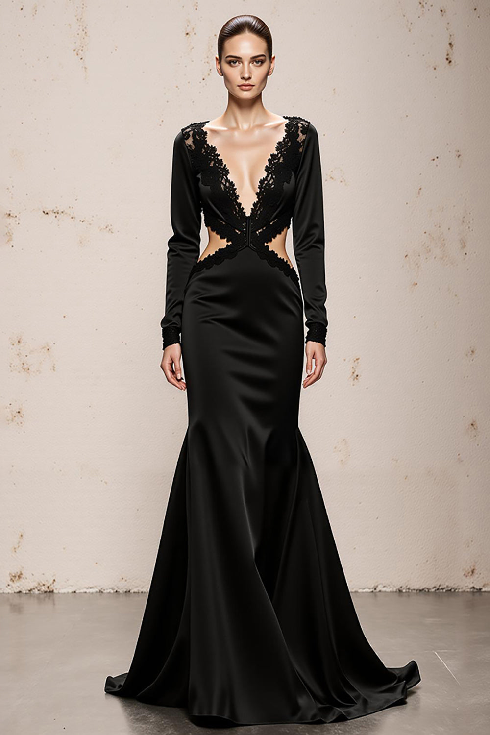 Black Mermaid V-Neck Backless Long Sleeves Formal Dress with Lace