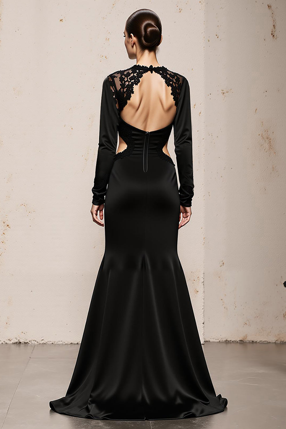 Black Mermaid V-Neck Backless Long Sleeves Formal Dress with Lace