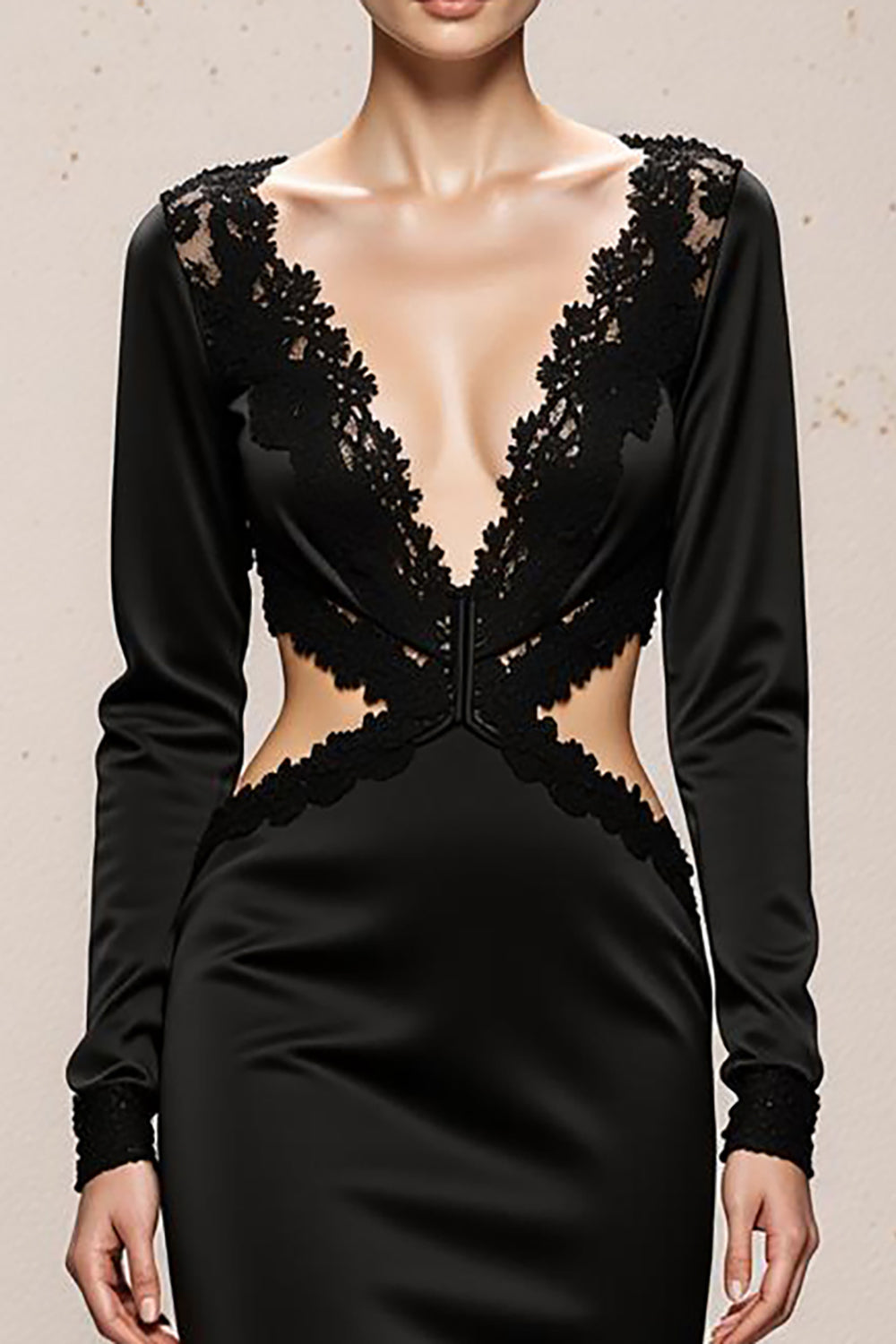 Black Mermaid V-Neck Backless Long Sleeves Formal Dress with Lace