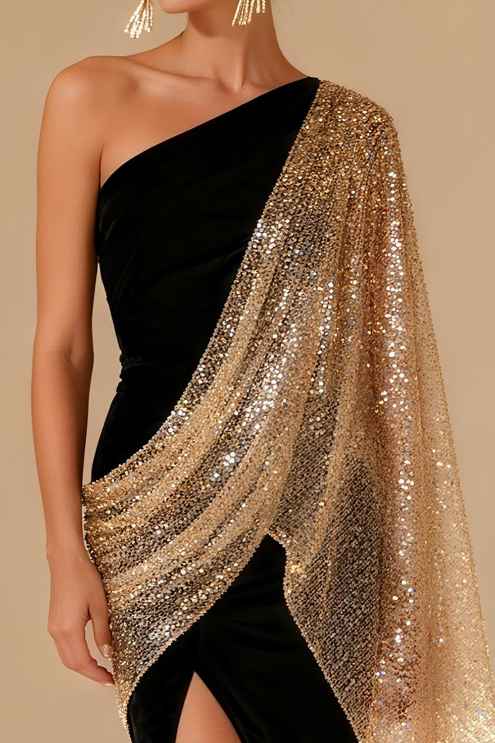 Sparkly Black One Shoulder Long Mermaid Formal Dress with Slit