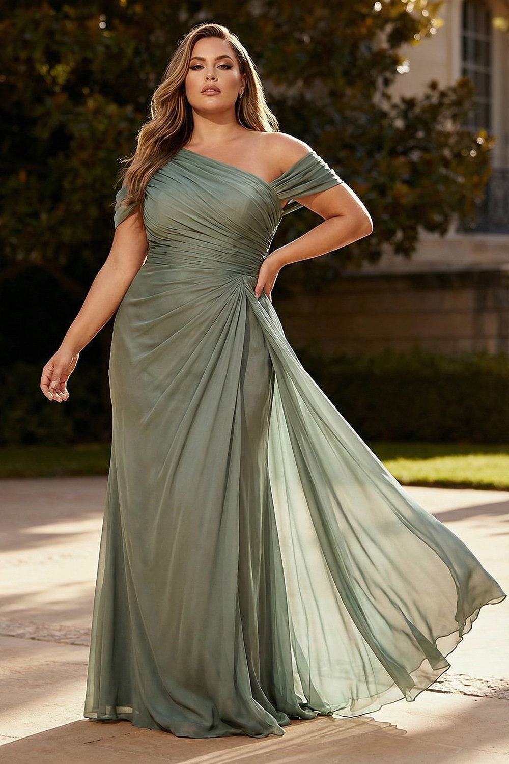 Dusty Sage One Shoulder Chiffon Ruched Long Formal Dress with Side Cape