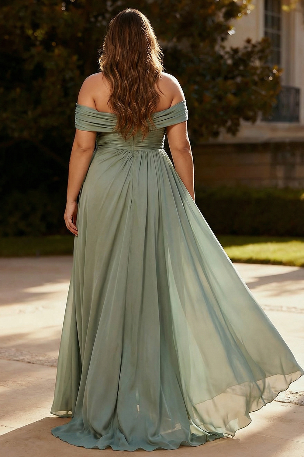 Dusty Sage One Shoulder Chiffon Ruched Long Formal Dress with Side Cape
