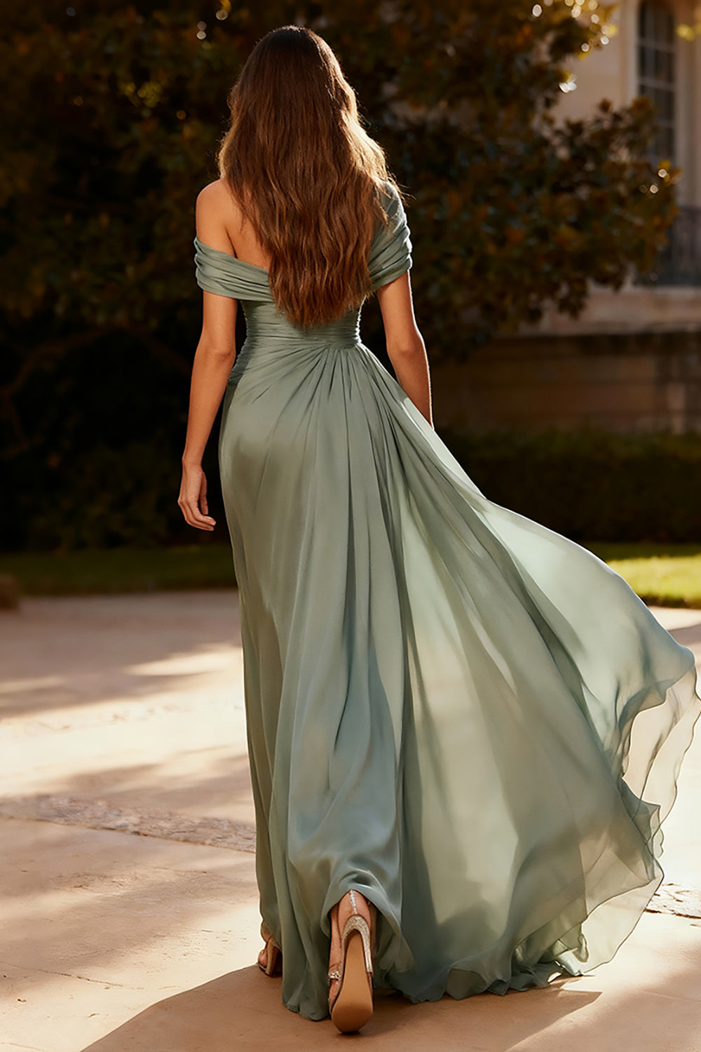 Dusty Sage One Shoulder Chiffon Ruched Long Formal Dress with Side Cape