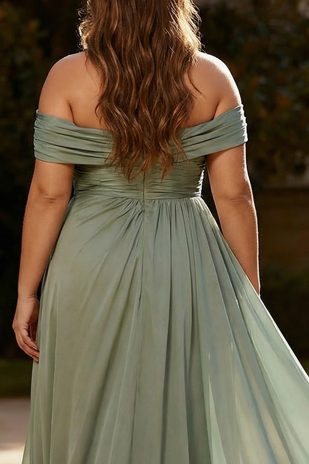Plus Size Dusty Sage Chiffon One Shoulder Ruched Long Formal Dress with Side Cape